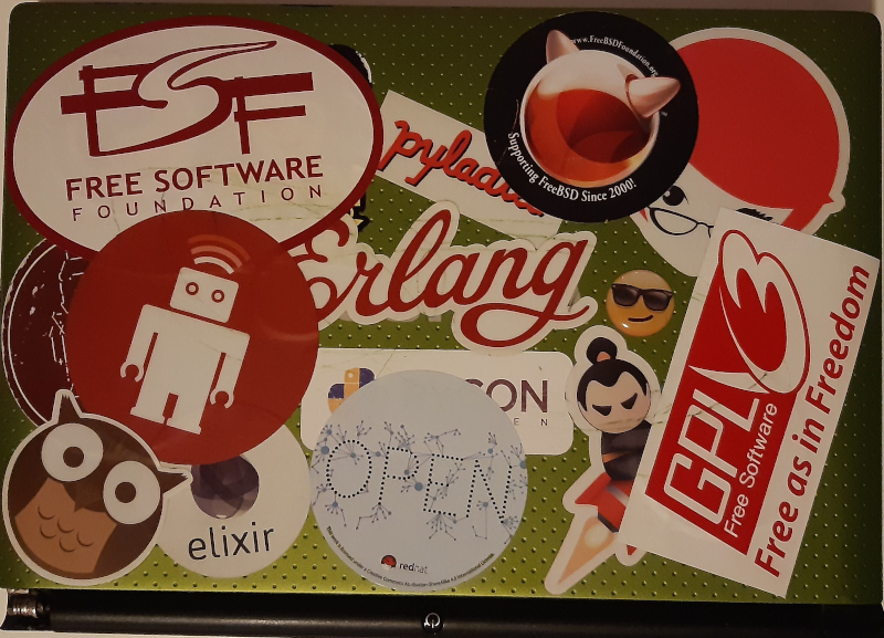 one computer with stickers